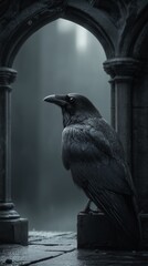 Obraz premium Cuervo negro posado en estructura de piedra antigua, Imagen de cuervo con plumas detalladas y luz tenue, Mockup de portada de libro con estética gótica