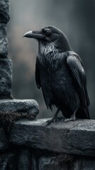 Obraz premium Cuervo negro posado sobre piedra antigua., Primer plano de cuervo con plumaje detallado., Fotografía editorial estilo gótico.