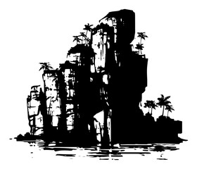 Obraz premium Black and white vector illustration of tropical rocky island with palm trees