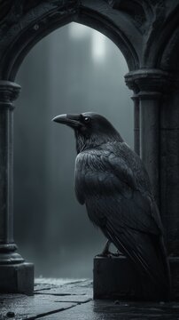 Cuervo negro posado en estructura de piedra antigua, Imagen de cuervo con plumas detalladas y luz tenue, Mockup de portada de libro con est&eacute;tica g&oacute;tica