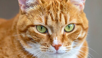 Orange tabby cat stares intently, showing captivating green eyes and detailed fur patterns against a blurry background