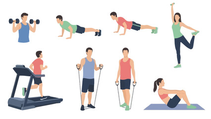 Illustrations of men and women performing a variety of fitness exercises, including strength training, cardio, stretching, and bodyweight workouts