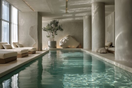 Piscina interior de hotel boutique con tumbonas, Spa de lujo con piscina de agua turquesa y decoraci&oacute;n minimalista, Mockup de resort de bienestar: piscina y luz natural, spa brutalista