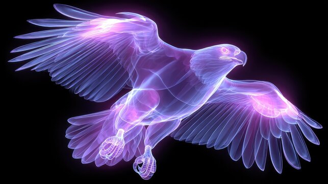 Illuminated spectral bird of prey flies against a dark background