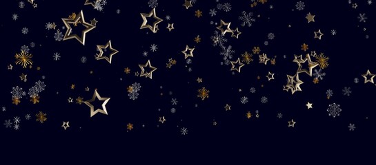 Festive abstract background of golden stars and snowflakes floating in dark blue night sky. Perfect for holiday