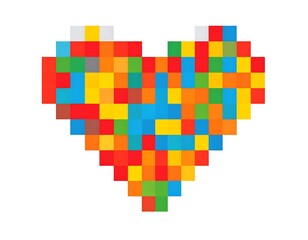 Pixelated heart shape created from colorful squares against a white background