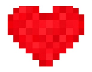 Pixelated red heart illustration. Square blocks form the heart shape against a white background for a digital aesthetic