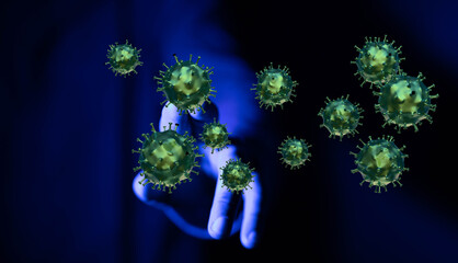 Artistic rendering of a hand touching floating coronavirus cells symbolizing health crisis and disease threat
