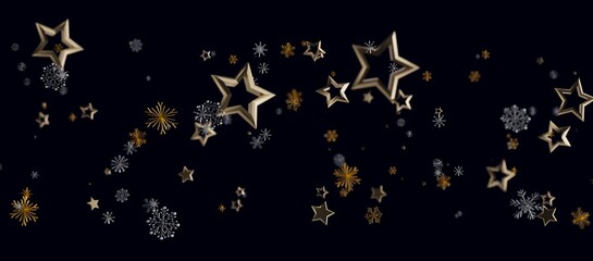 Abstract festive background with gold stars and snowflakes floating on dark backdrop. Perfect for Christmas, New