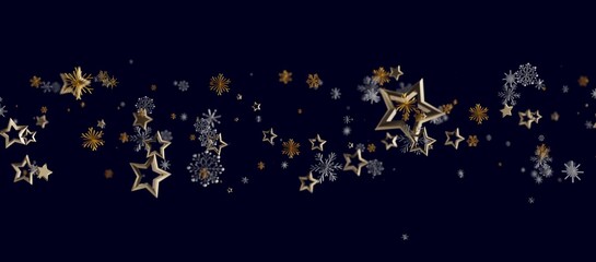 Elegant abstract background with falling gold stars and snowflakes on dark blue. Perfect for holiday greetings © vegefox.com