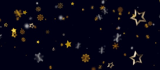 Naklejka premium Abstract holiday background featuring shimmering gold stars and snowflakes floating against a deep blue backdrop, perfec