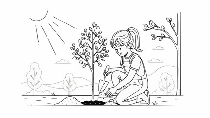 Young girl planting a tree in a garden under the sun  