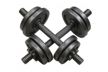 Two adjustable dumbbells crossing, symbolizing fitness, strength training, and workout dedication on a transparent background