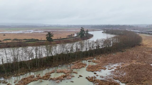 Aerial view of flood water after the Snohomish river rose to elevated levels and caused flooding in farm land. 