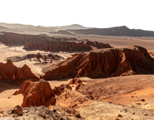 Expansive desert vista with layered rock formations under a hazy sky; arid landscape