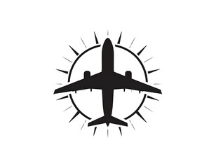 Plane silhouette centered in a circle with radiating lines, isolated on a white background