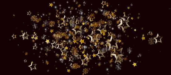 Festive gold stars and snowflakes floating in a dark space, perfect for holiday greetings, celebrations, or abst © vegefox.com