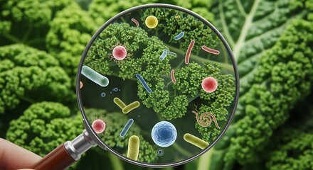 Revealing unseen bacteria and germs on a fresh green leafy vegetable with magnification