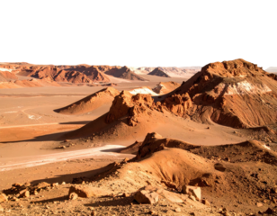 Panoramic view of a vast desert landscape featuring eroded rock formations, and a clear sky