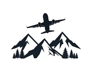 Plane silhouette over mountains with pine trees. Monochrome scenic view in simple vector style against white backdrop