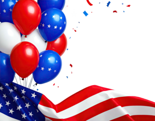 Patriotic themed composition featuring balloons and a waving flag with color confetti