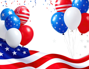 Patriotic balloon display, with flag wave and exploding confetti. A festive celebration