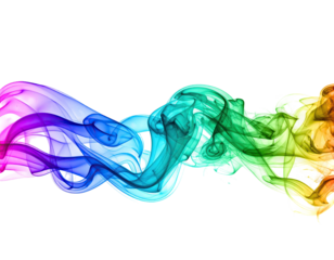 An abstract image featuring swirling wisps of smoke in a vibrant rainbow color spectrum