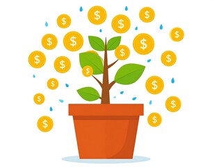 Plant grows in terracotta pot, money coins raining down. Illustration for finance, growth, investment success