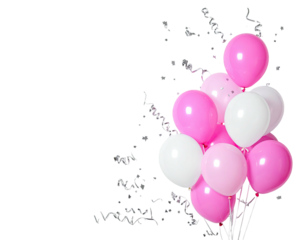 Assorted balloons in pink and white, with curling streamers, on a solid black background