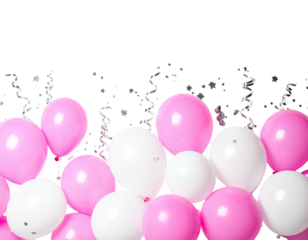 Pink and white balloons with streamers on a transparent background, perfect for celebrations
