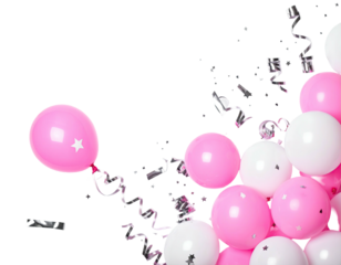 A cluster of balloons in pink and white with metallic silver streamers on black background