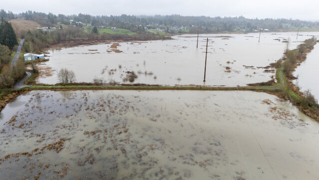 Aerial view of flood water after the Snohomish river rose to elevated levels and caused flooding in farm land. 