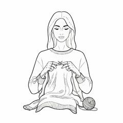 Young woman knitting with yarn while sitting on the floor indoors  