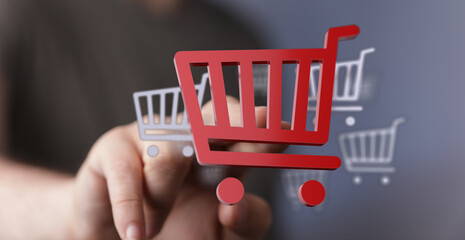 Hand interacting with digital shopping cart icon symbolizing online shopping, e-commerce, and...