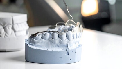 Plaster cast model of teeth with retainer being adjusted by a metal dental instrument on a white surface