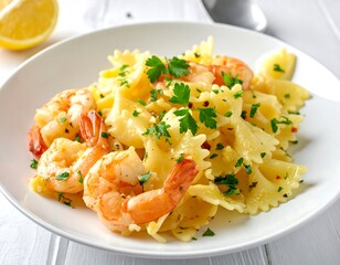 Plate of bow tie pasta with shrimp, lemon, and parsley sprigs on a white wood background