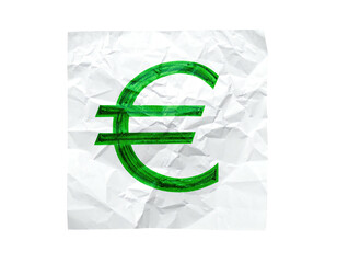 A green, painterly euro symbol sits on a crumpled white paper square against a black backdrop