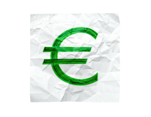 A green, painterly euro symbol sits on a crumpled white paper square against a black backdrop
