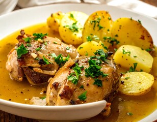 Plate of chicken and potatoes in sauce garnished with parsley on a white plate