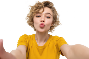 young woman in a yellow t-shirt takes a selfie