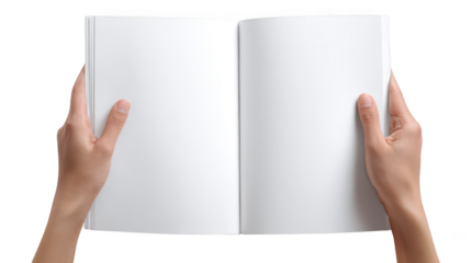 female hands holding an open magazine with blank white pages
