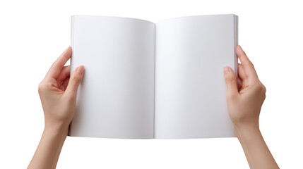 female hands holding an open magazine with blank white pages