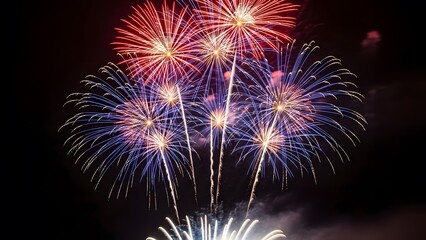 Fototapeta premium Vibrant fireworks exploding in blue and red against a dark night sky