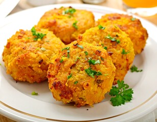 Plate of golden-brown veggie patties garnished with herbs