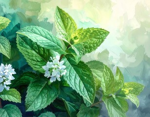 Painted mint plant with leaves and tiny white flowers against a blurred green and blue background