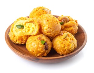 Plate of golden, round, and textured sweets with nut garnishes on a light wooden plate over a white background