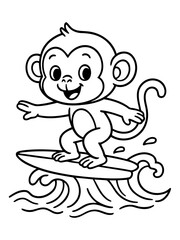 Obraz premium Monkey Surfing on Wave: A cheerful monkey rides the crest of a wave on a surfboard, skillfully navigating the water with a wide grin. A playful depiction of summer fun and tropical adventure.