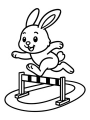 Bunny Over Hurdle: A spirited bunny fearlessly leaps over a hurdle on a racetrack, embodying determination and triumph in a captivating black and white line art illustration.