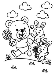 Fototapeta premium Tennis Time Trio: A cheerful bear and two playful bunny friends, immersed in the game with rackets, chase after a tennis ball amidst whimsical clouds. 