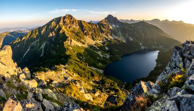Mountainous vista jagged peaks rise above a serene lake at sunset, framed by rugged rocks in the foreground
